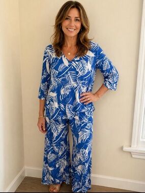 Blue Tropical Print Wide-Leg two piece set